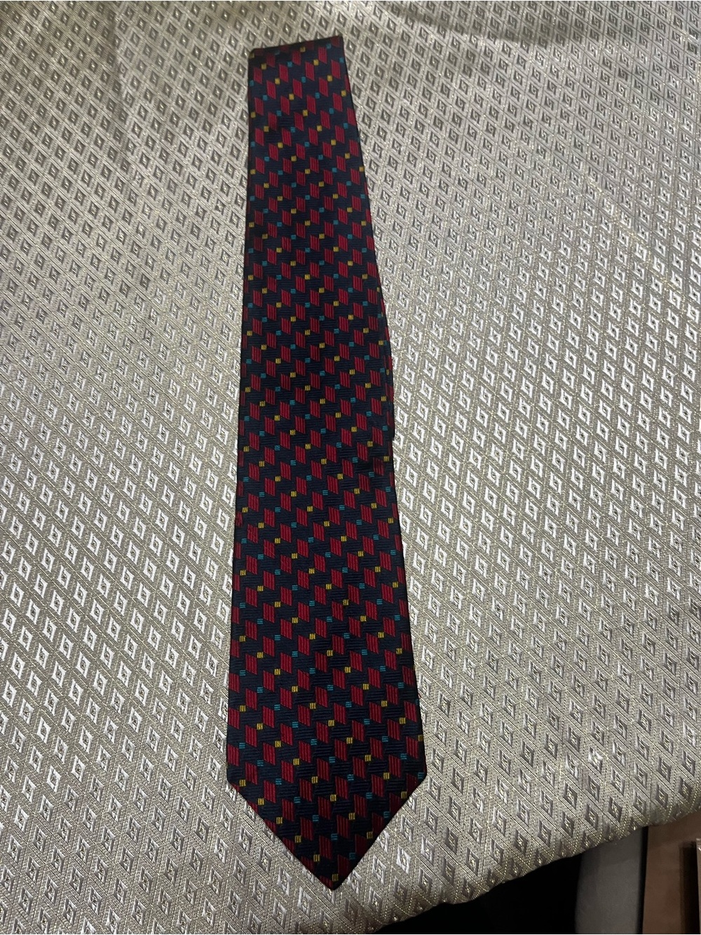 Classic Navy Tie with Red and Green Micro-Pattern